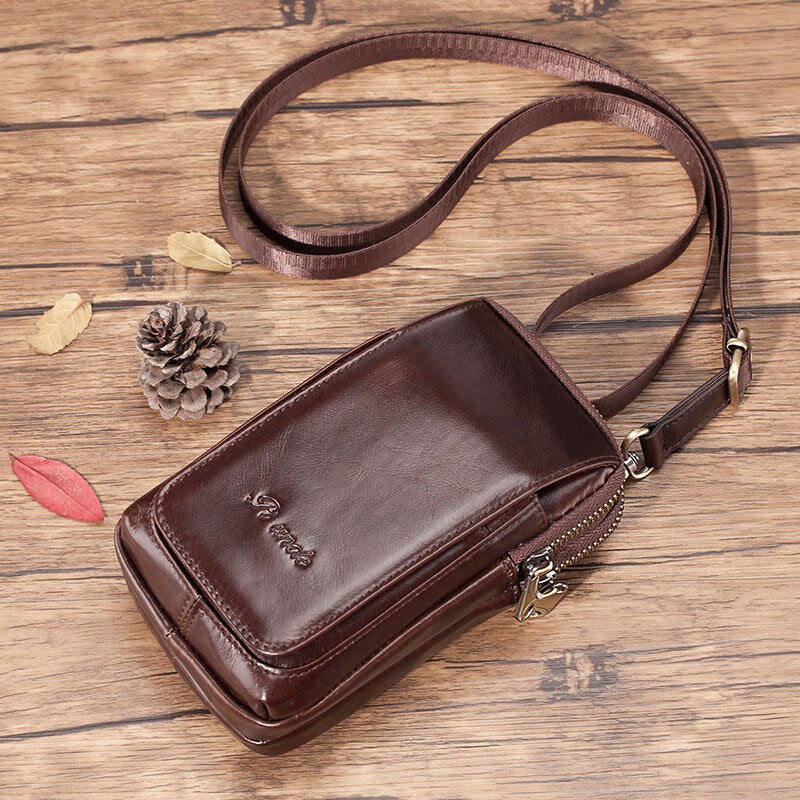 Men Mini Multifunction Belt Bag Double Front Zipper Pocket Crossbody Bags Retro 6.5 Inch Phone Waist