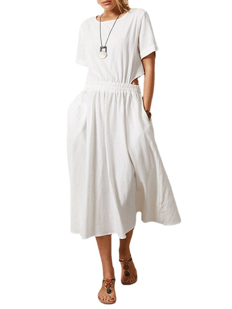 Hollow Solid Color Elastic Waist Short Sleeve Casual Dress For Women