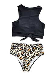 Women Leopard Print Tie Front High Neck Hot High Waist Bikini