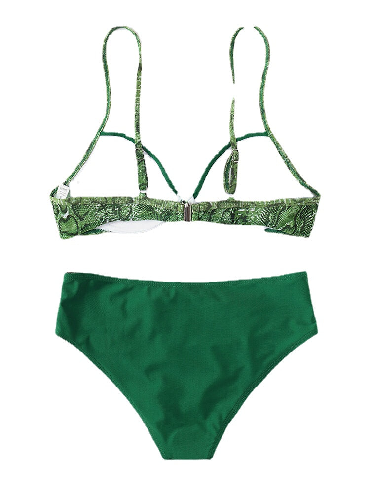 Floral Print Adjustable Straps Green Patchwork Beach Bikini Sets