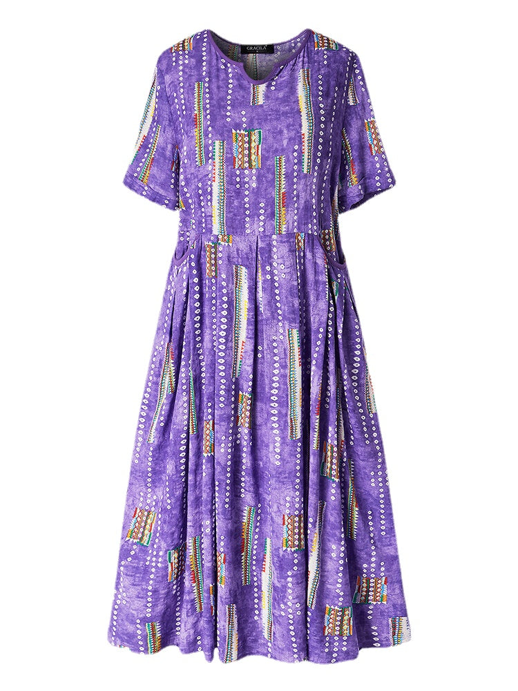 Women Bohemia Vintage Print Short Sleeve Pocket Casual Dress