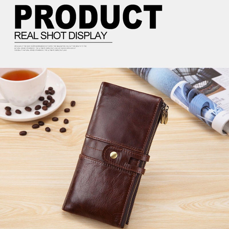 Men Genuine Leather Vintage Long Wallet Phone Bag Card Holder Photo Pocket