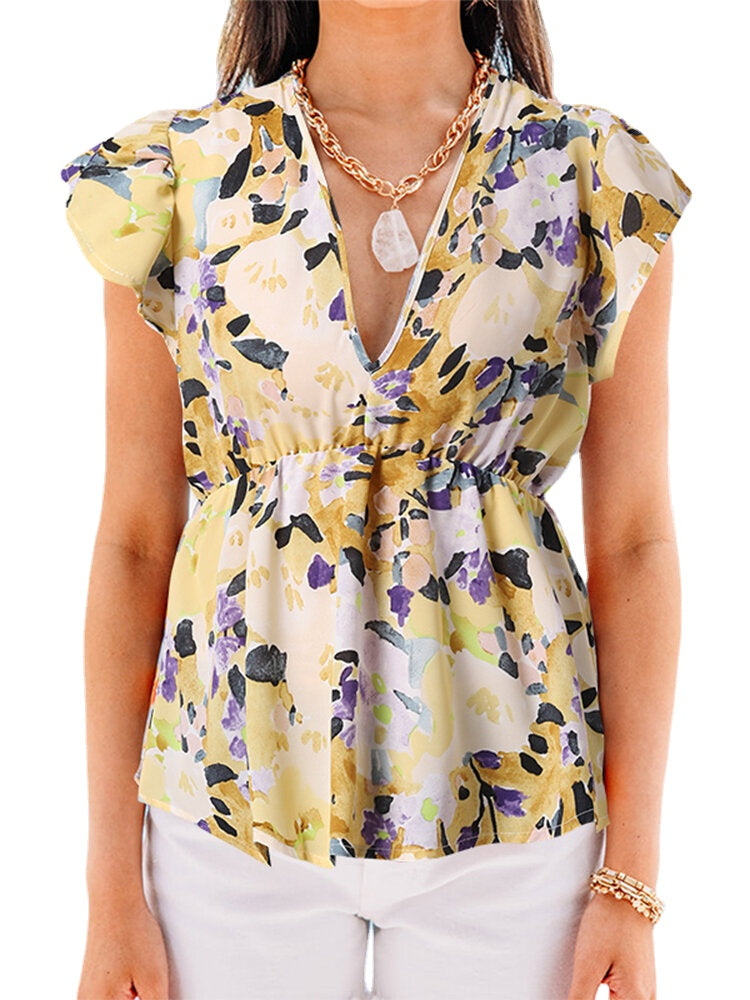 Plant Print V Neck Casual Ruffle Short Sleeve Blouse