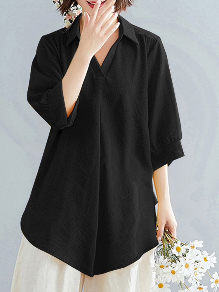 Solid Ruched Asymmetrical Lapel Casual Loose Blouse