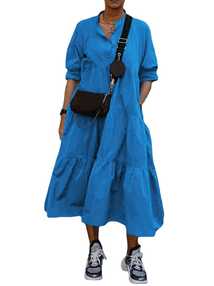 Pure Color Turn-down Collar Pleated Long Sleeve Maxi Dress