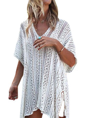 Women Crochet Solid Color Hollow Out Breathable Sunscreen Cover Ups