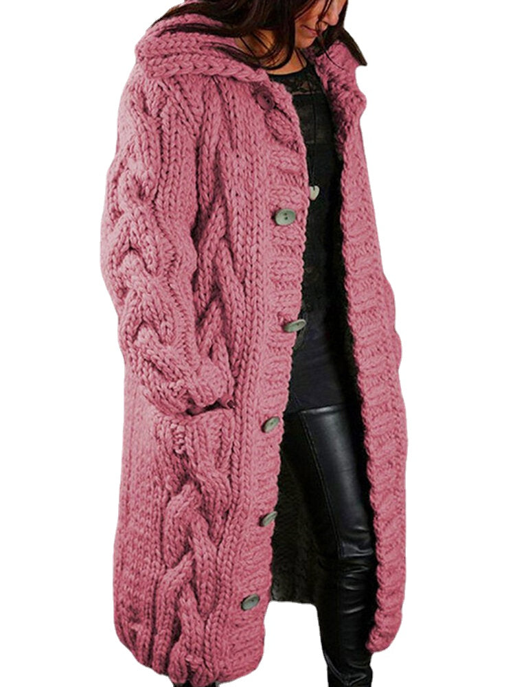 Women Solid Color Jacquard Knitted Mid-Length Hooded Cardigan With Pocket