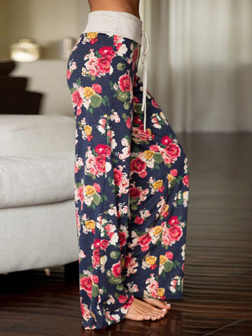 Women Plus Size Allover Flowers Print Drawstring Waist Loose Casual Home Pajamas Pants