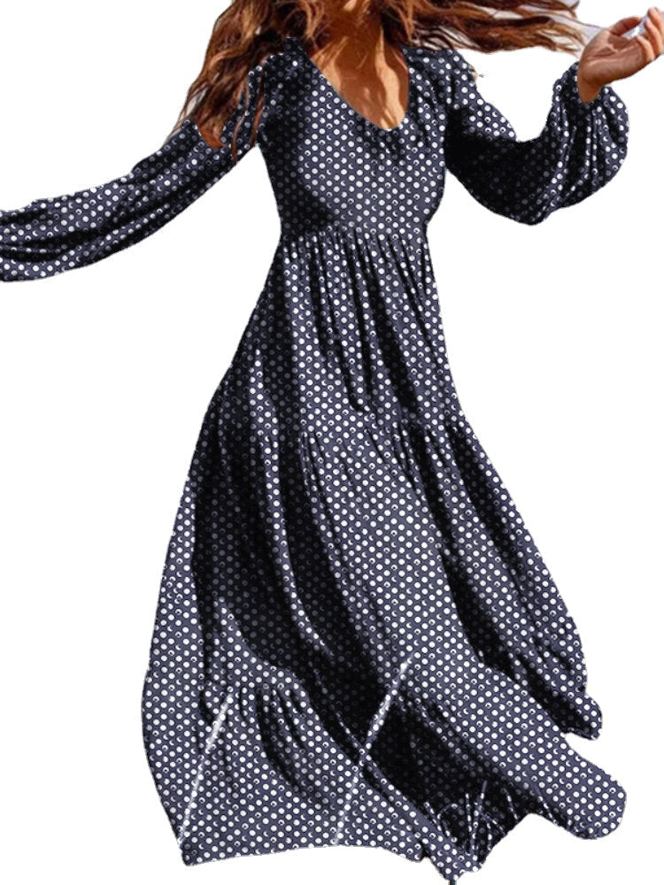 Women Polka Dot Print V-Neck Casual Puff Sleeve Holiday Maxi Dresses