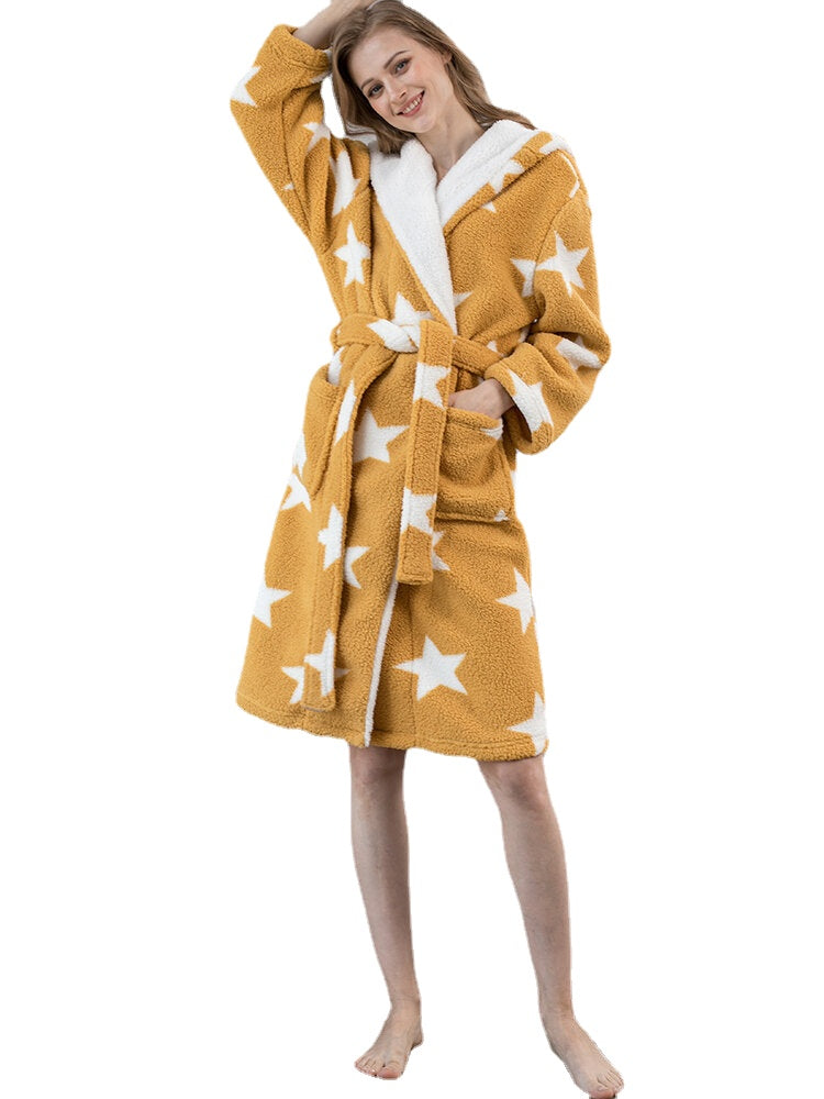 Women Star Print Fleece Thick Lace-Up Double Pockets Casual Home Warm Hooded Robes