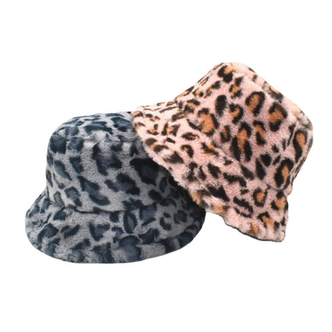 Women Lamb Hair Warm Soft Leopard Pattern Casual Personality Bucket Hat