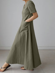 Solid Pocket Short Sleeve V-neck Swing Maxi Dress