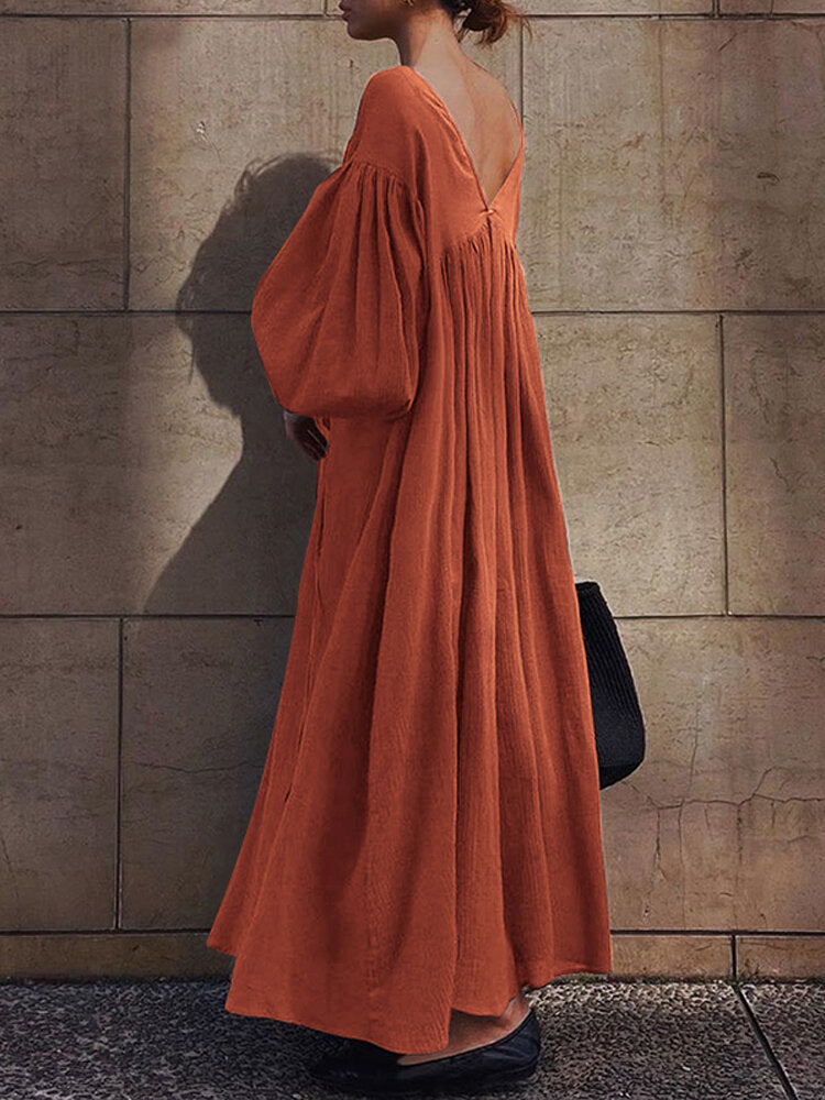 Women Solid Color V-Neck Tie Bubble Sleeves Pleated A-line Maxi Dresses