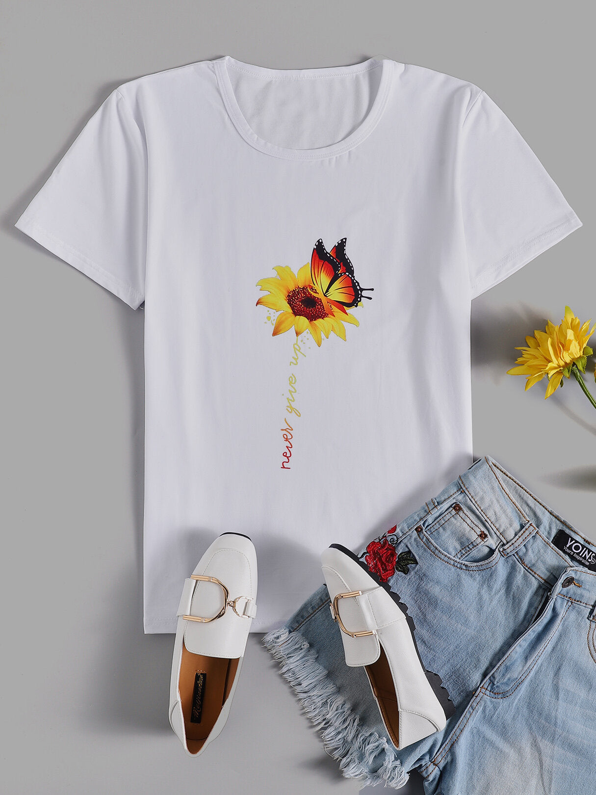 Sunflower And Butterfly Print Crew Neck Short Sleeves Casual Tee