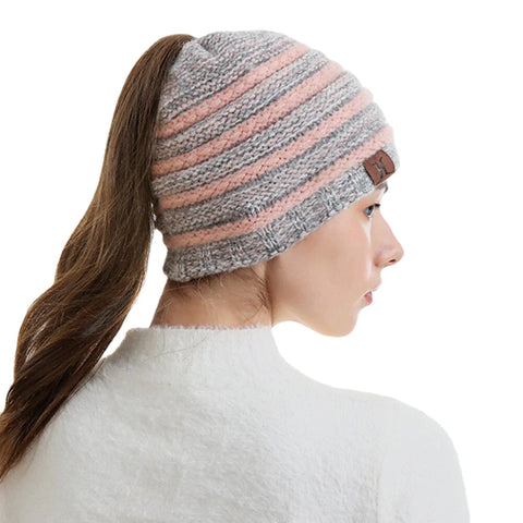 Unisex Wool Stripe Pattern Keep Warm Empty Top Ear Protection Knitted Hat