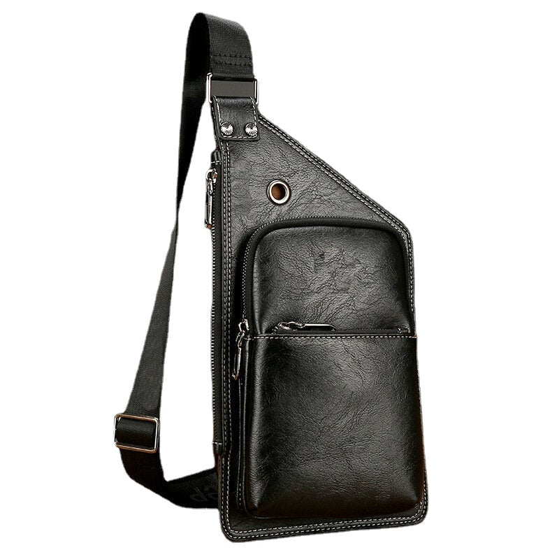 Men Retro PU Leather Headphone Hole Design Chest Bag Multi-pocket Waterproof Zipper Crossbody Shoulder