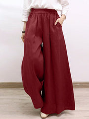 Solid Pocket Elastic Waist Wide Leg Casual Pants