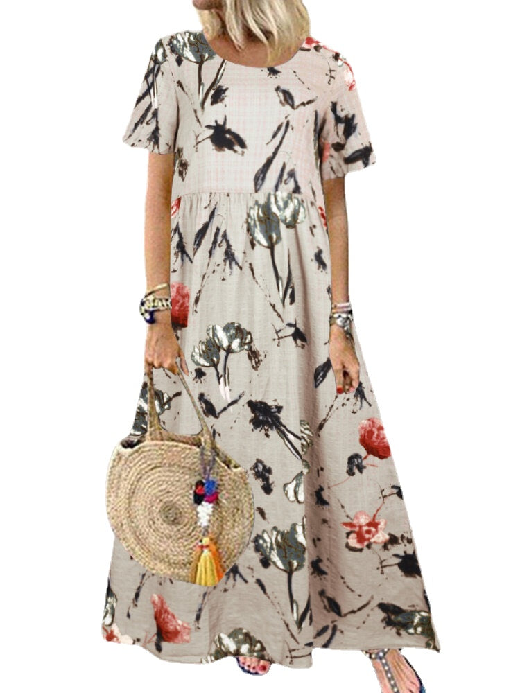 Vintage Floral Print Short Sleeve Loose Casual Maxi Dress