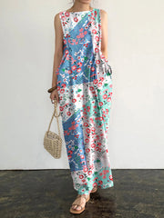 Floral Print Pocket Sleeveless Round Neck Maxi Dress