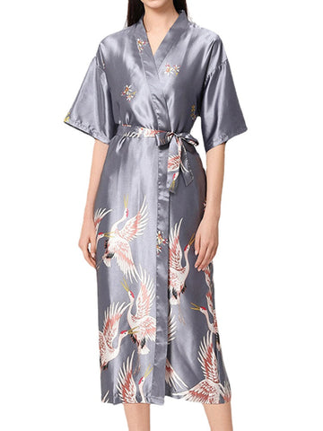 Plus Size Women Ethnic Style Crane Print Faux Silk Half Sleeve Home Sleepwear Robes
