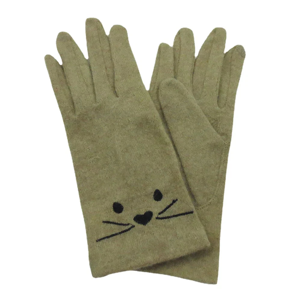 Women Wool Screen-touchable Embroidery Cartoon Cat Pattern Keep Warm Fashion Casual Gloves