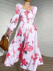 Flower Print Lantern Sleeve Ruched Maxi Dress