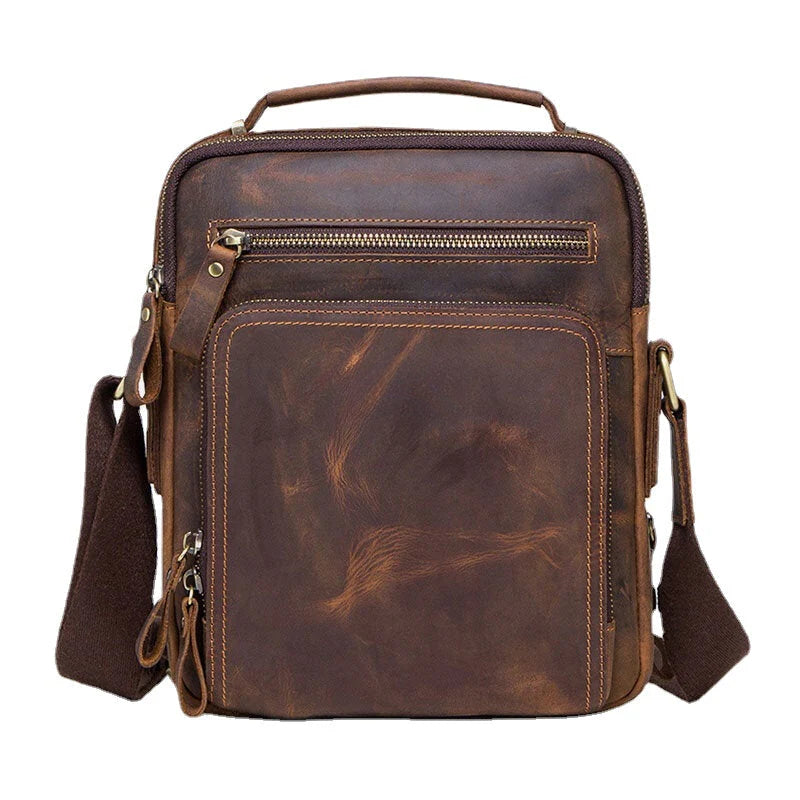 Men's Vintage Leather Multi-Pocket Briefcase Messenger Crossbody Bag