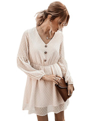 Polka Dot Mesh Patchwork Button Long Sleeve Dress For Women