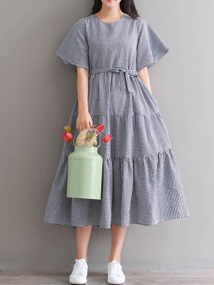 Plaid Knotted Ruffle Round Neck Short Sleeve Casual Maxi Dress