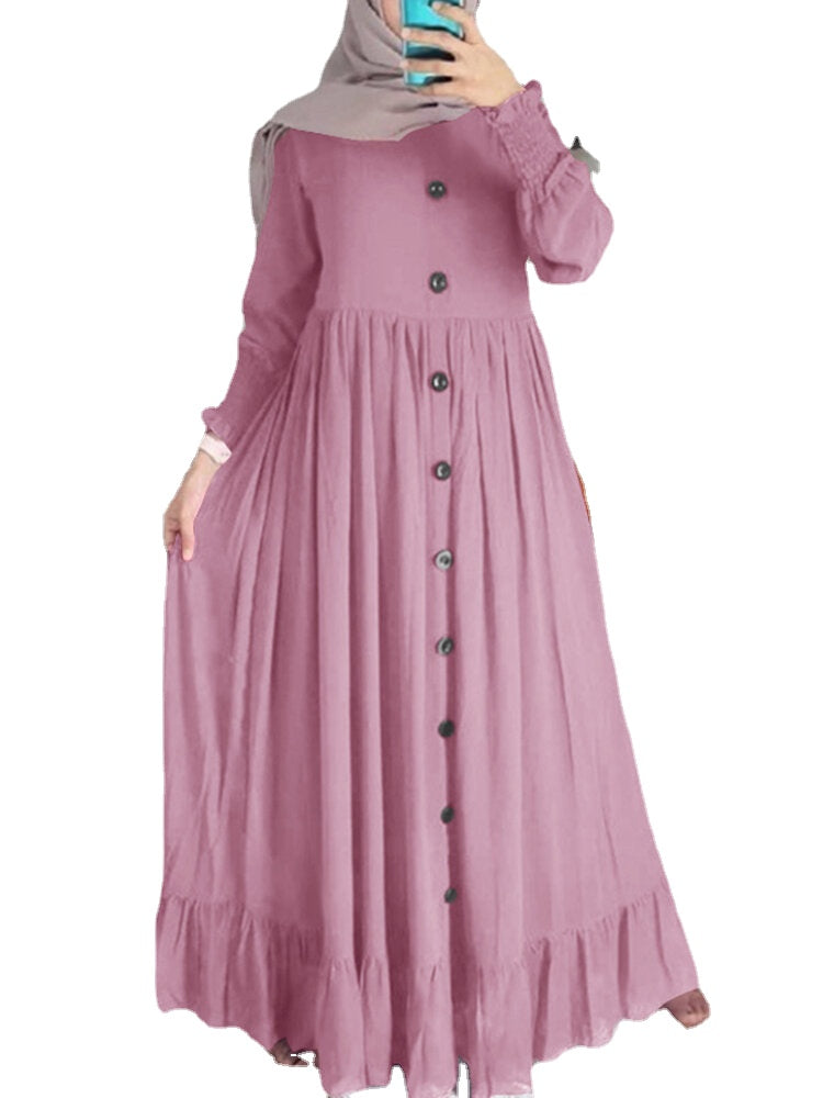 Women Solid Color Ruffles Hem Pleats Puff Sleeve Maxi Dress