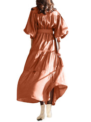 Solid Color Stand Collar Puff Sleeve Belted Pleated Shirt Maxi Dress