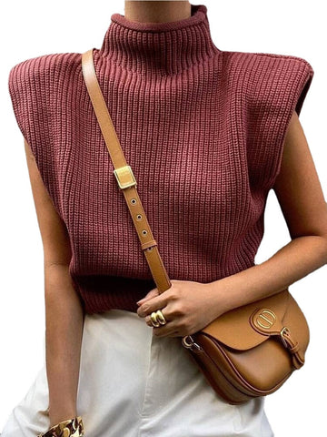 Women High Neck Solid Color Shoulder Padded Cap Sleeve Knitted Sweaters