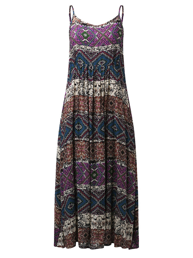 Bohemian Women Random Floral Printed Sleeveless Spaghetti Strap Maxi Dresses