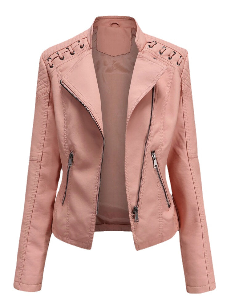 Women Faux PU Leather Solid Color Motorcycle Jacket