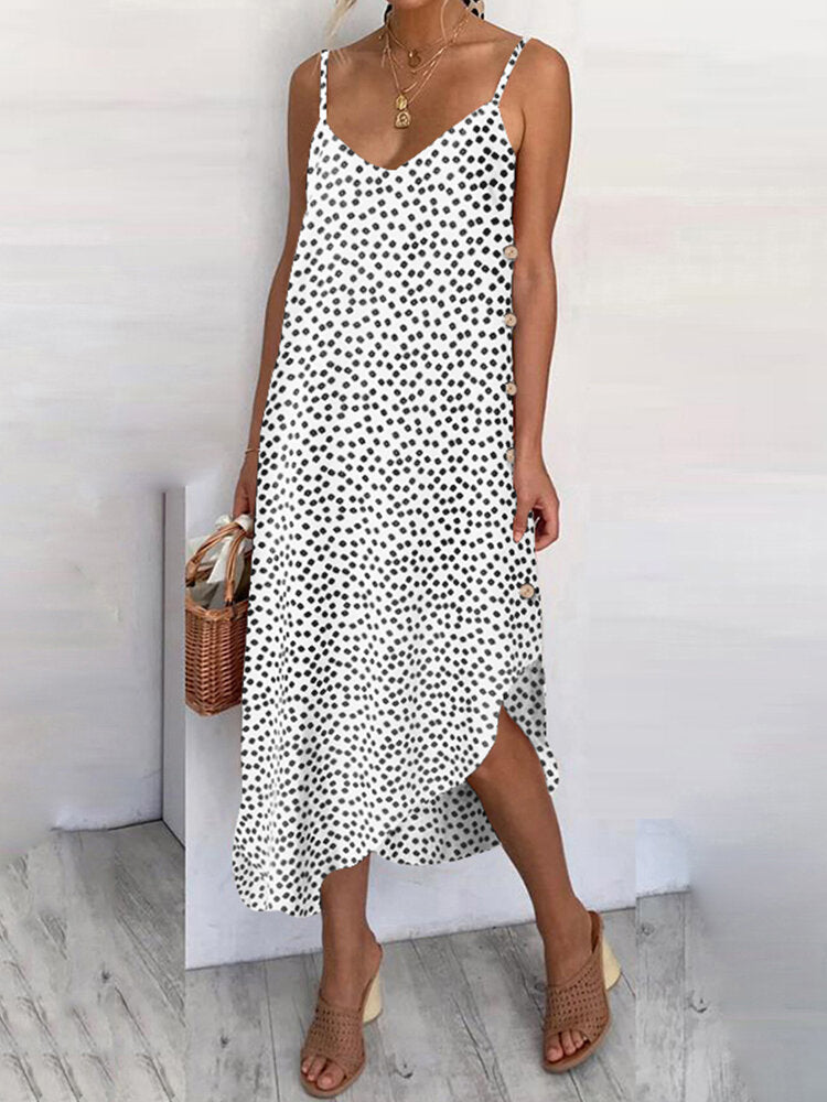 Women Sunflower Print Button Detail Holiday Casual Diagonal Hem Sling Dress