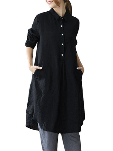 Women Casual Long Sleeve Lapel Button Pure Color Shirt Dress