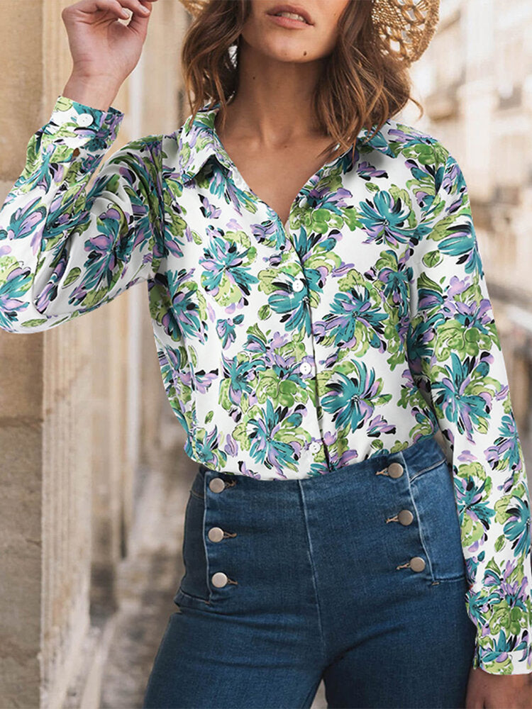 Plants Print Long Sleeve Lapel Button Down Shirt Women