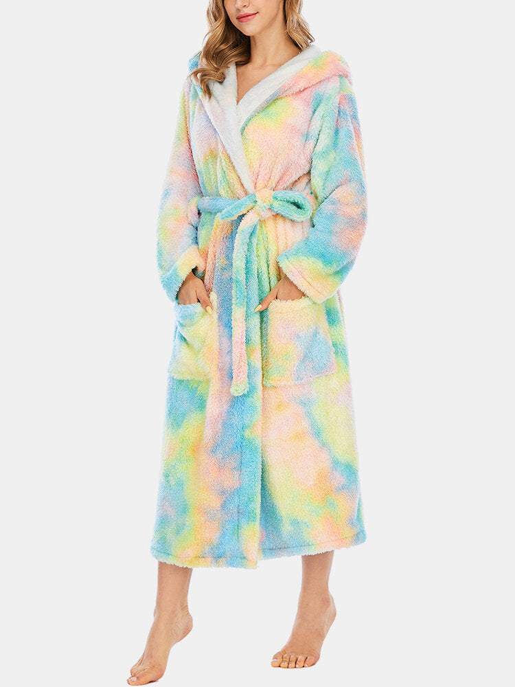 Women Fleece Tie Dye Double Pocket Long Sleeve Hooded Sleepwear Home Robes