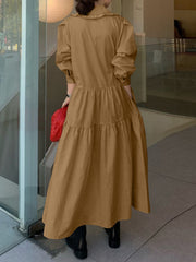 Women Solid Tiered Doll Collar Long Sleeve Casual Maxi Dresses