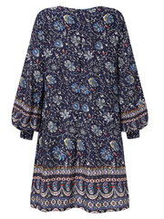Bohemian Women Floral Print V-neck Puff Sleeve ButtonCuffs Casual Mini Dress