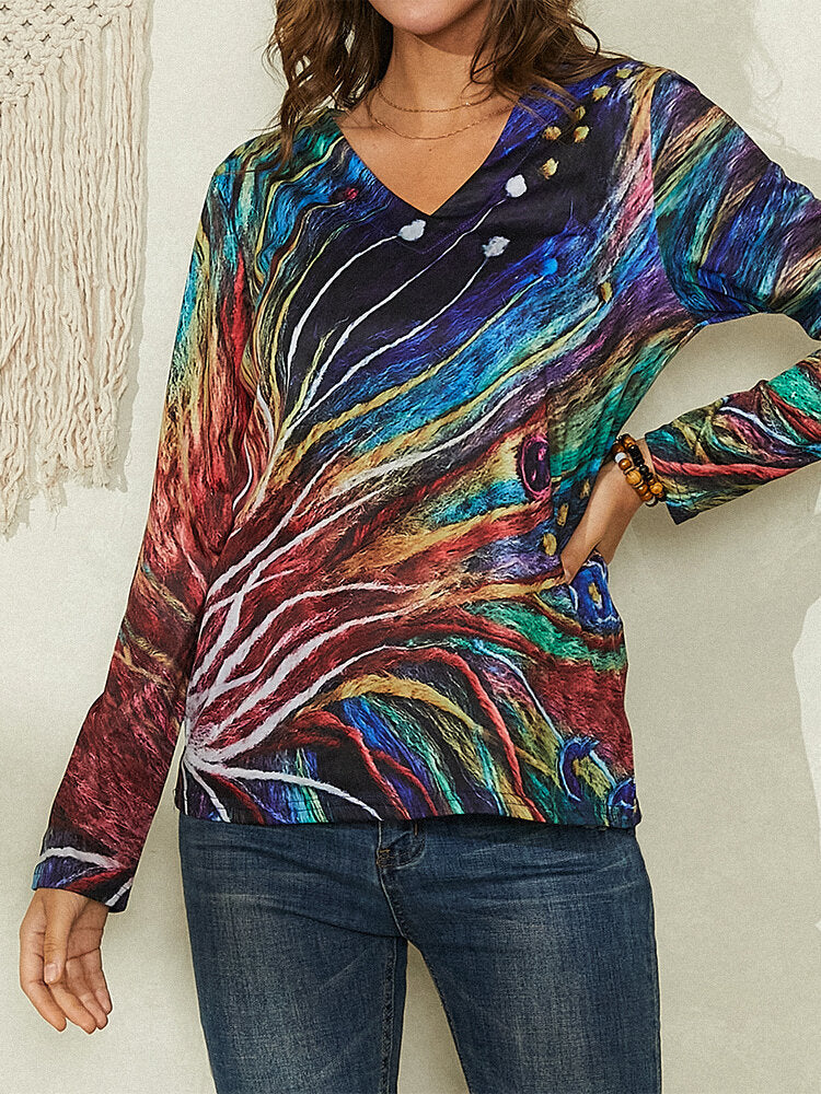 Women Colorful Art Lines Print V-Neck Long Sleeve Casual Blouse