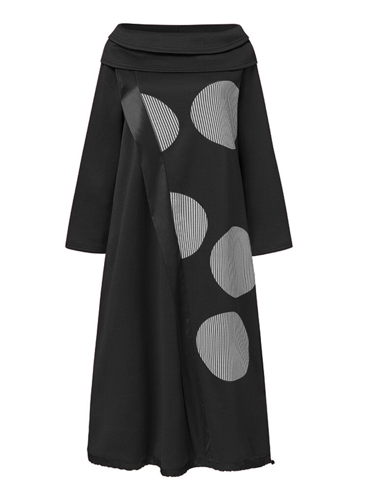 Women Polka Dot Stripe Stitching Turtleneck Long Sleeve Loose Maxi Dresses