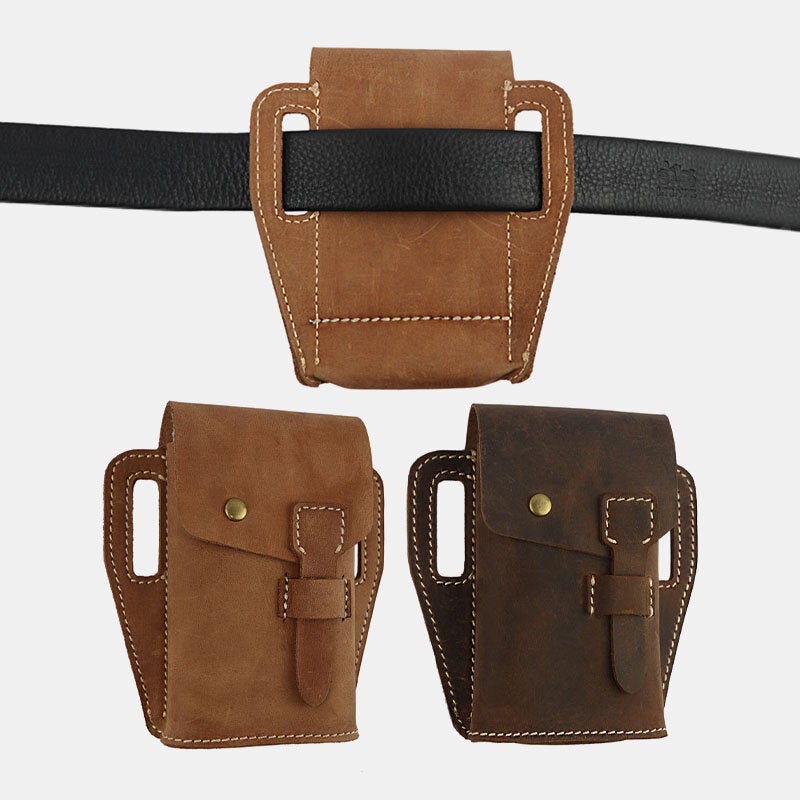 Men Genuine Leather Retro Outdoor Sport 6.3 Inch Phone Bag Waist With Belt Loop