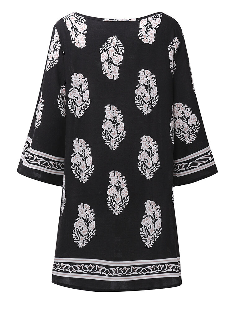 Women Retro 3/4 Sleeve V-Neck Lace Up Printed Boho Mini Dresses