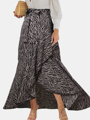 Women Zebra Print Asymmetric Ruffle Knotted Casual High Waist Skirts