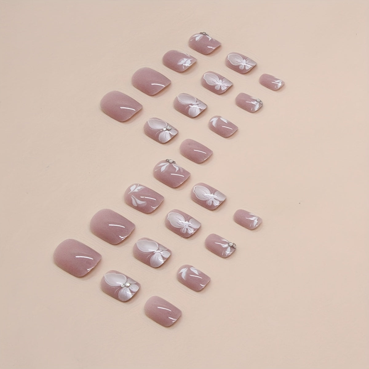 24-Piece Pink Butterfly Press-On Nails - Short Oval with Rhinestones, Durable Acrylic, Includes Nail File & Adhesive Tabs