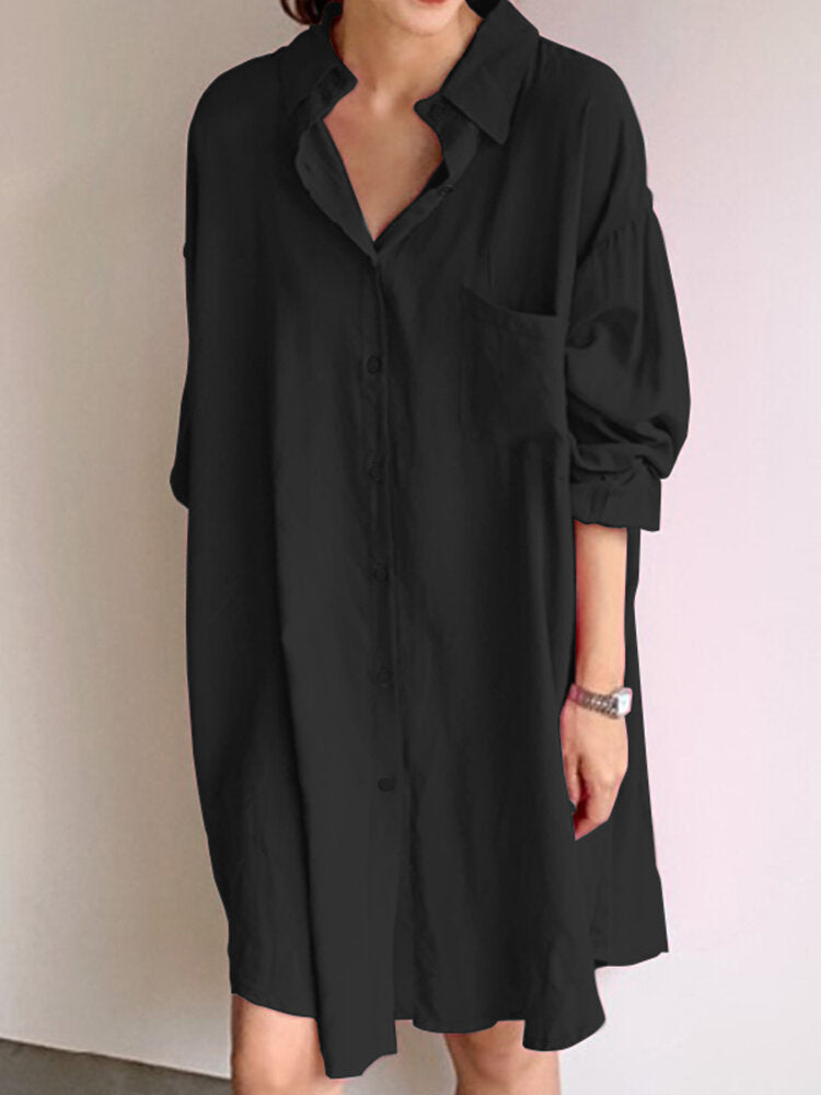 Women Solid Color Chest Pocket Button Lapel Long Sleeve Loose Shirt