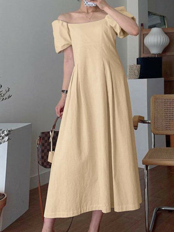 100% Cotton Puff Sleeve Pleated Summer Holiday Dress For Women
