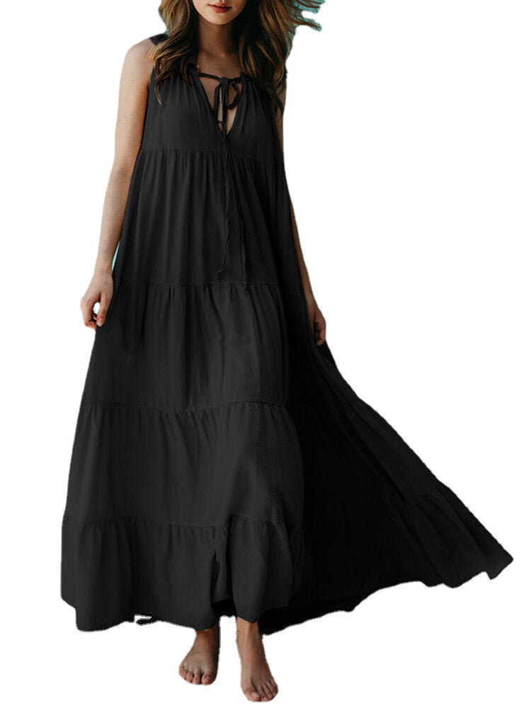 Casual Solid Sleeveless V-neck Pleated A-line Maxi Dress