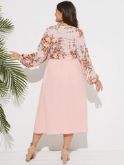 Plus Size V Neck Floral Print Belt Design Patchwork Dress